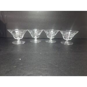 Floral‎ Pedestal Sherbet Dishes, Glass Dessert Bowl, Etched Fruit Bowl, Set of 4